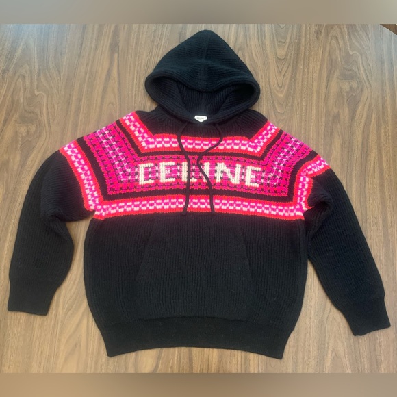 Celine Other - Celine Ski Jacquard Wool Hoodie Sweater XS Oversized Black Pink Made in Italy